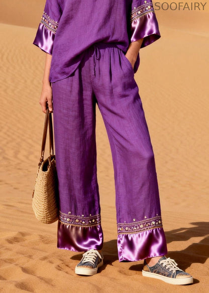 New Purple V Neck Silk Patchwork Linen Two Piece Suit Set Summer