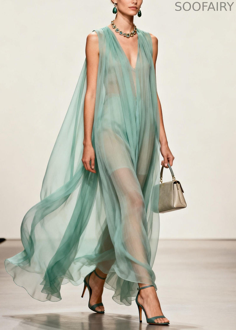 Simple V Neck Wrinkled Chiffon Long Dress Sleeveless