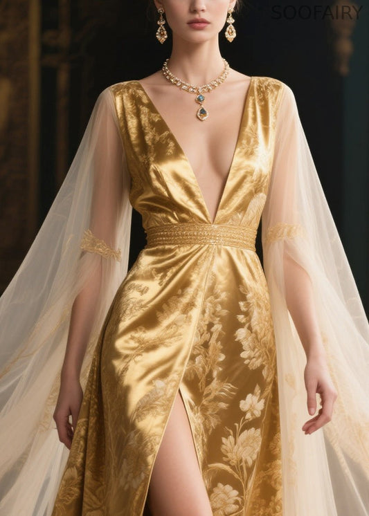 Modern Golden Jacquard Patchwork Exra Large Hem Silk Party Dresses Summer