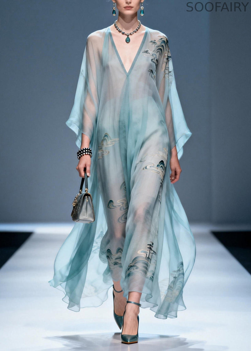 V Neck Print Chiffon Long Dresses Summer