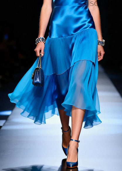 Blue V Neck Patchwork Silk Day Dress Summer