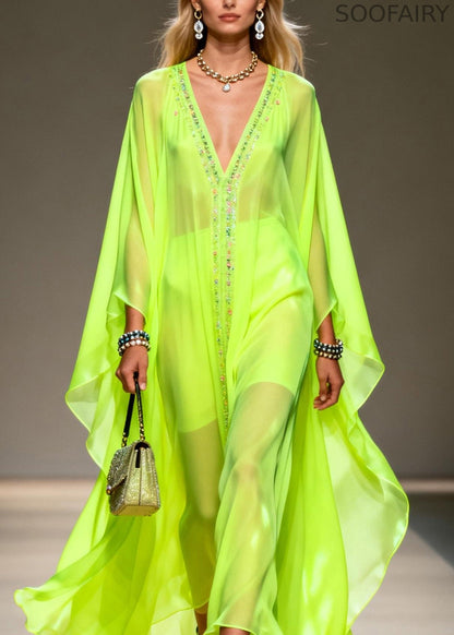 Fluorescent Green V Neck Zircon Chiffon Robe Dresses Summer