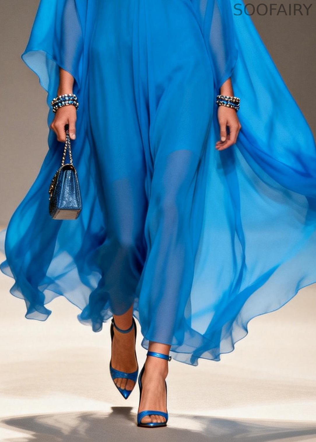 Blue Oversized Draping Chiffon Long Dress Summer