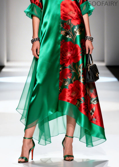 Boutique Tea Green Oversized Print Silk Long Dress Summer