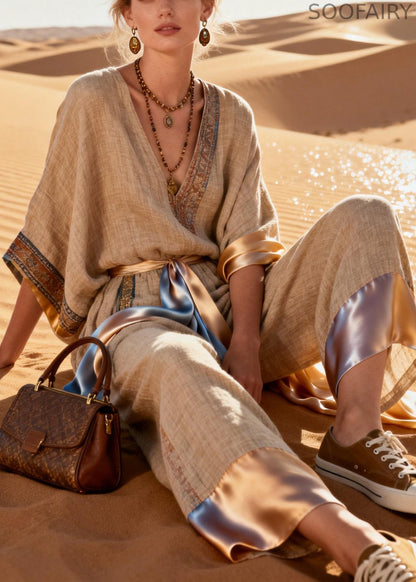 V Neck Print Tie Waist Patchwork Linen Jumpsuits Half Sleeve