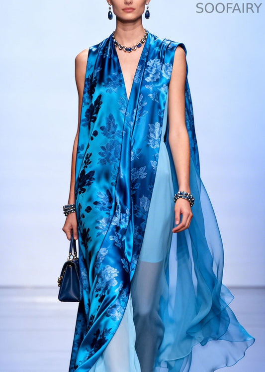 Blue V Neck Asymmetrical Design Print Silk Dresses Sleeveless