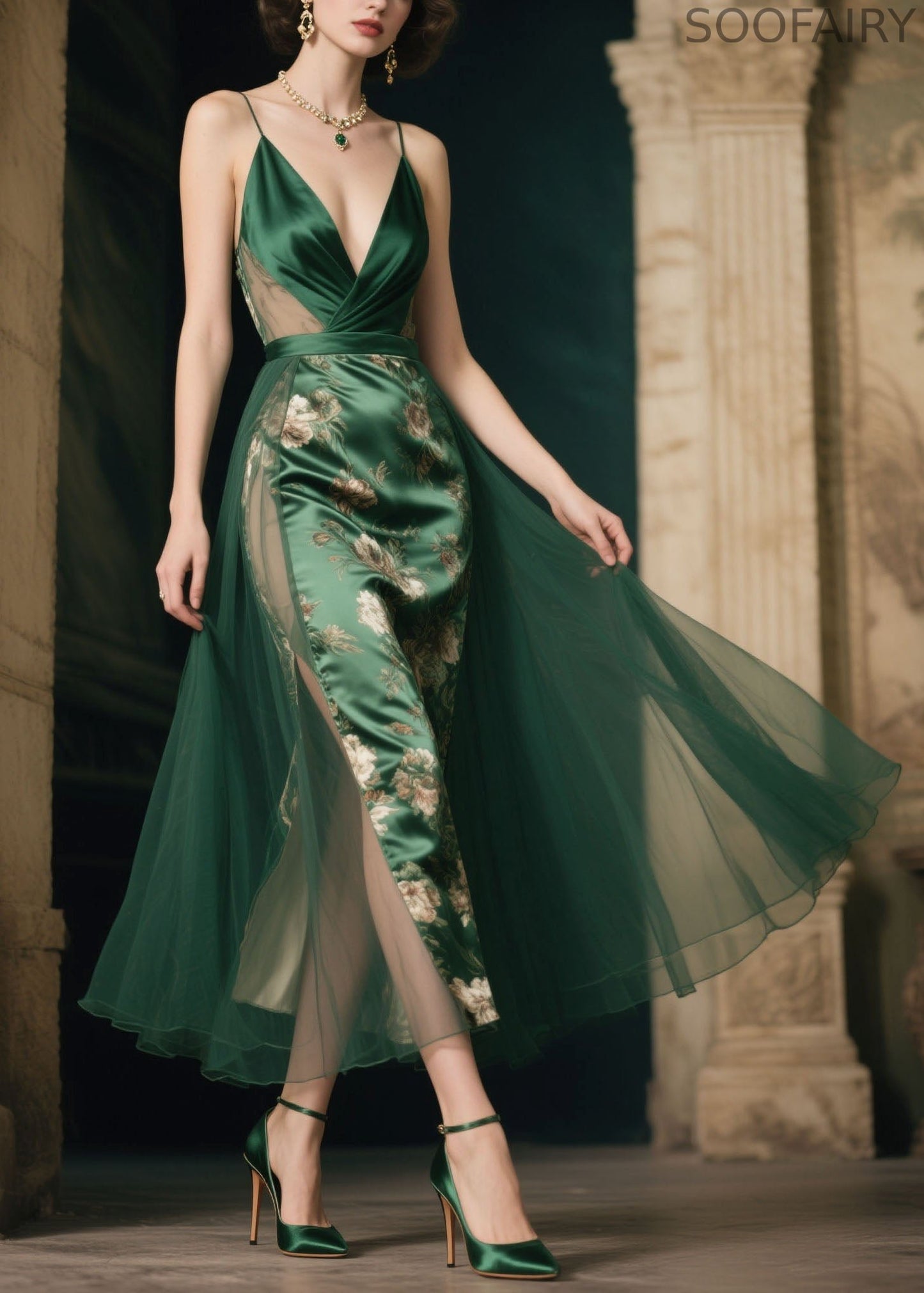 Italian Green V Neck Print Patchwork Silk Spaghetti Strap Dress Summer