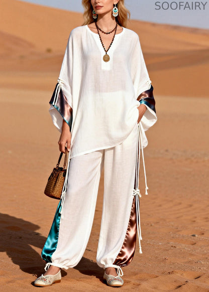 French White V Neck Drawstring Silk Patchwork Two Piece Set Spring