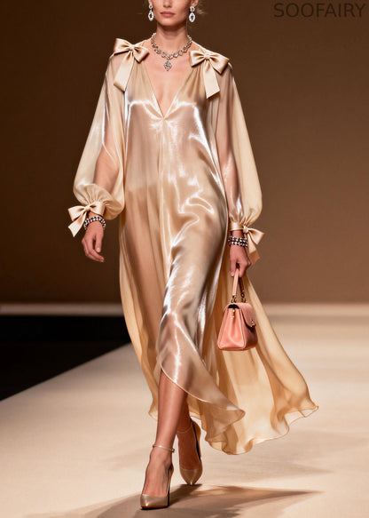Khaki V Neck Bow Chiffon Party Dress Summer