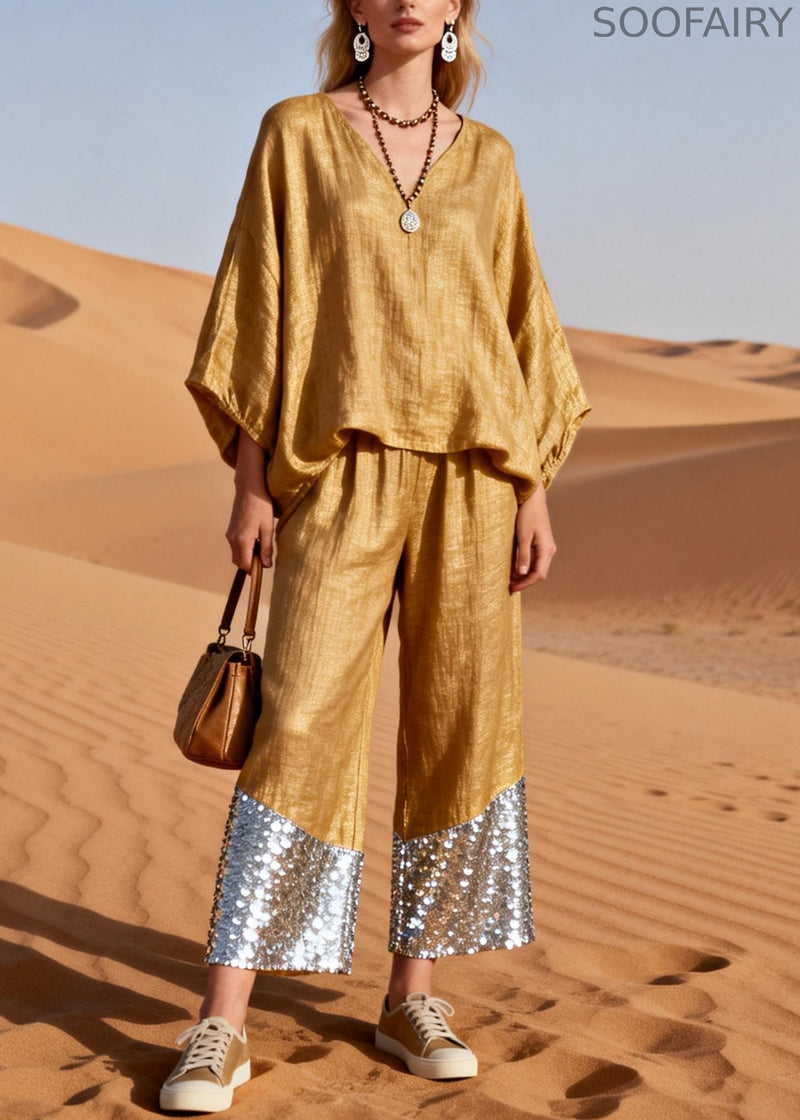 Gold V Neck Sequins Patchwork Oversized Linen Two Piece Set Spring