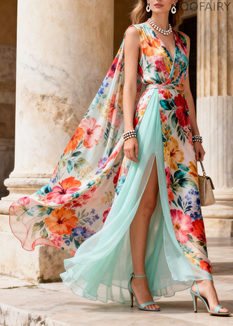 French V Neck Print Side Open Patchwork Chiffon Dresses Summer