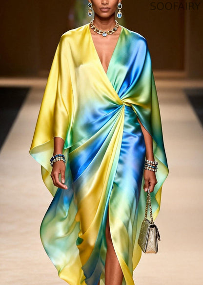 V Neck Tie Dye Side Open Chiffon Dresses Spring