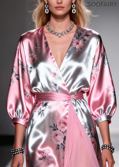 Natural Pink Print Tulle Patchwork Silk Long Dresses Summer