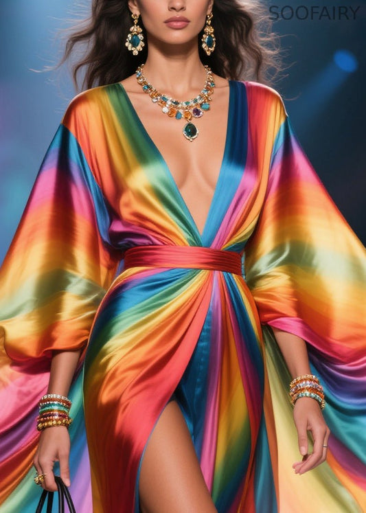 Rainbow V Neck Exra Large Hem Chiffon Holiday Dress Summer
