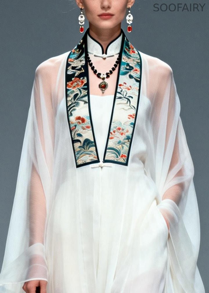 White Mandarin Collar Chiffon Sheer Dress Two Piece Set Summer