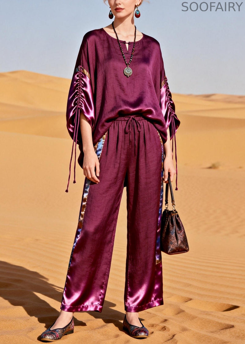 Boutique Purple Drawstring Elastic Waist Silk Patchwork Two Piece Set