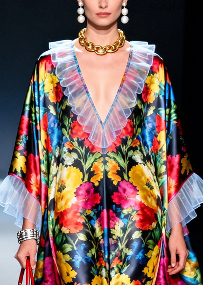 Ruffled Patchwork Multicolored Silk Robe Dresses Summer