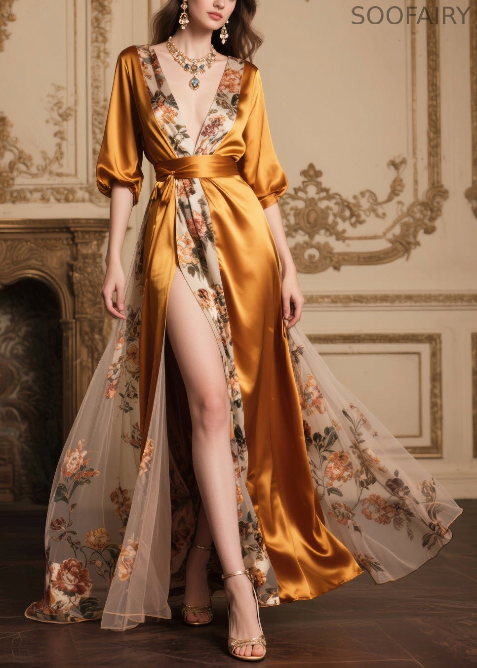 Golden Tunic Patchwork Side Open Silk Party Dresses Summer