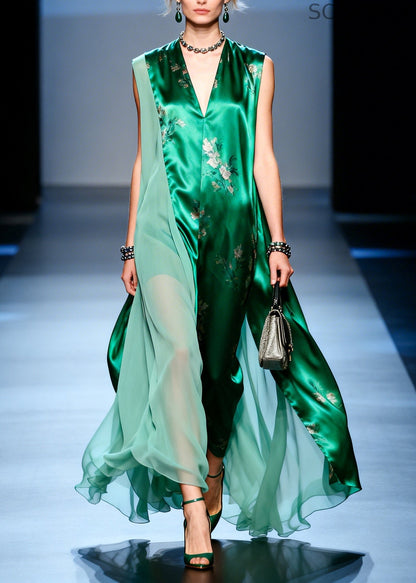 Diy Green Asymmetrical Patchwork Chiffon Holiday Dress Sleeveless