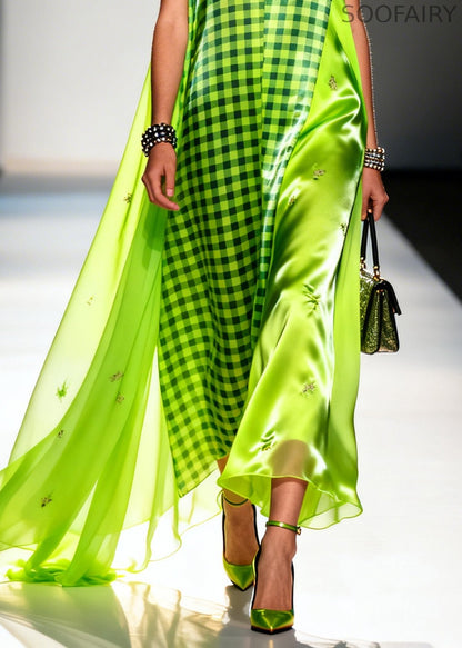Fluorescent Green Plaid Patchwork Silk Ankle Dress Sleeveless