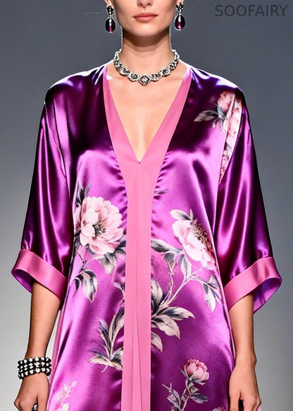 Modern Purple Flower Print Patchwork Silk Long Dress Summer
