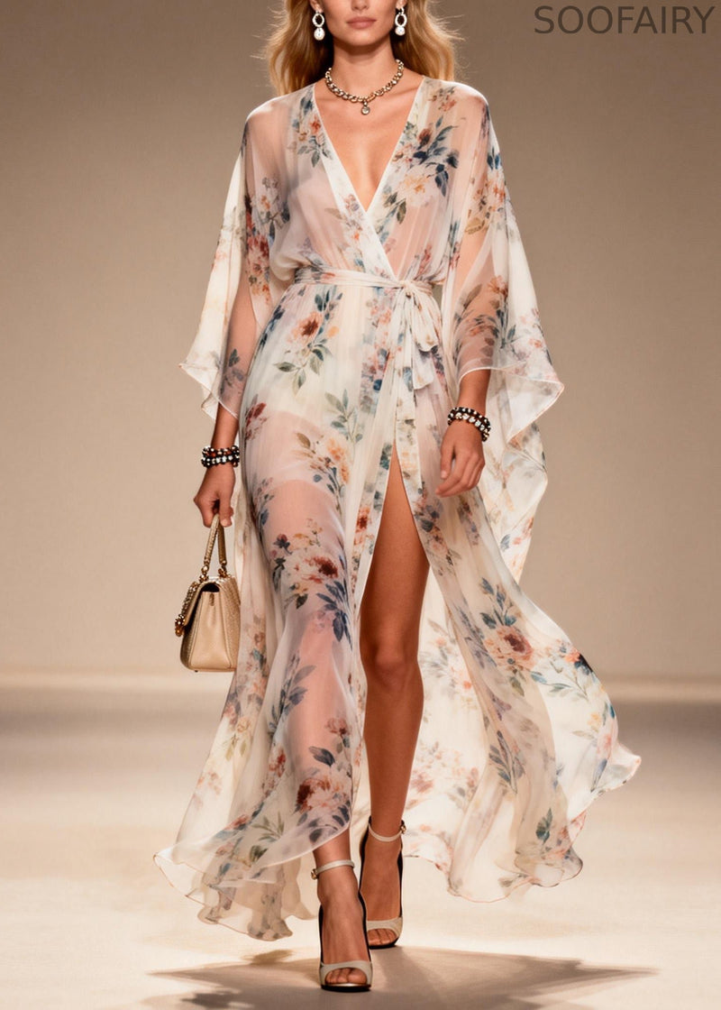 Print Side Open Lace Up Chiffon Dresses Summer