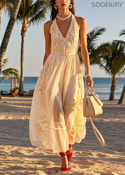 Beige Cold Shoulder Print Tulle Halter Dresses Summer