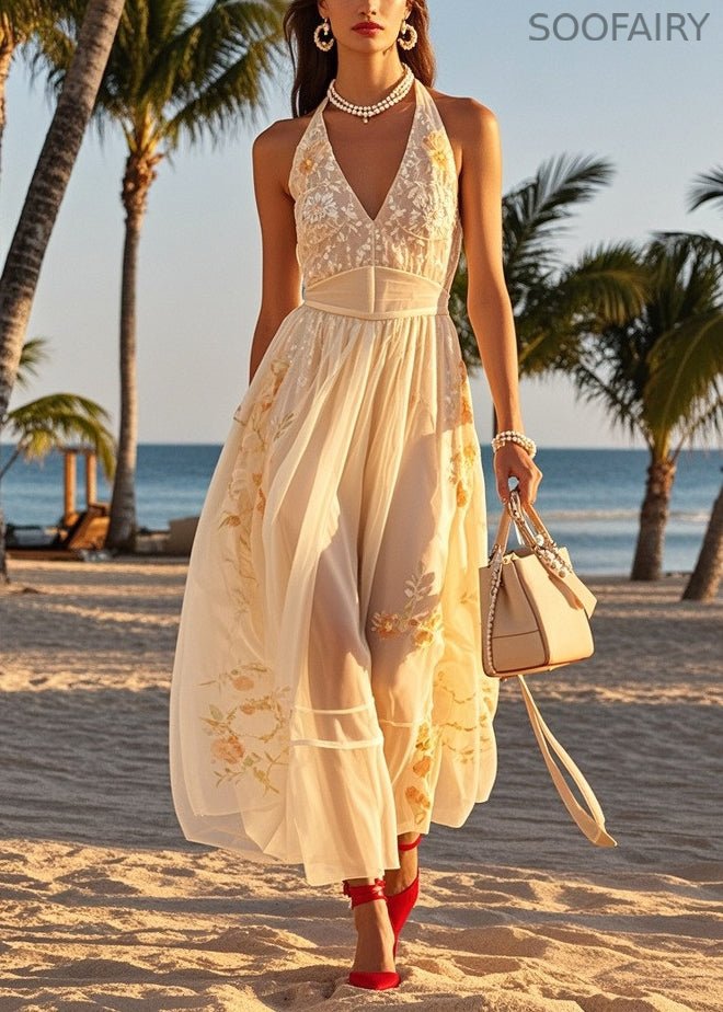Beige Cold Shoulder Print Tulle Halter Dresses Summer