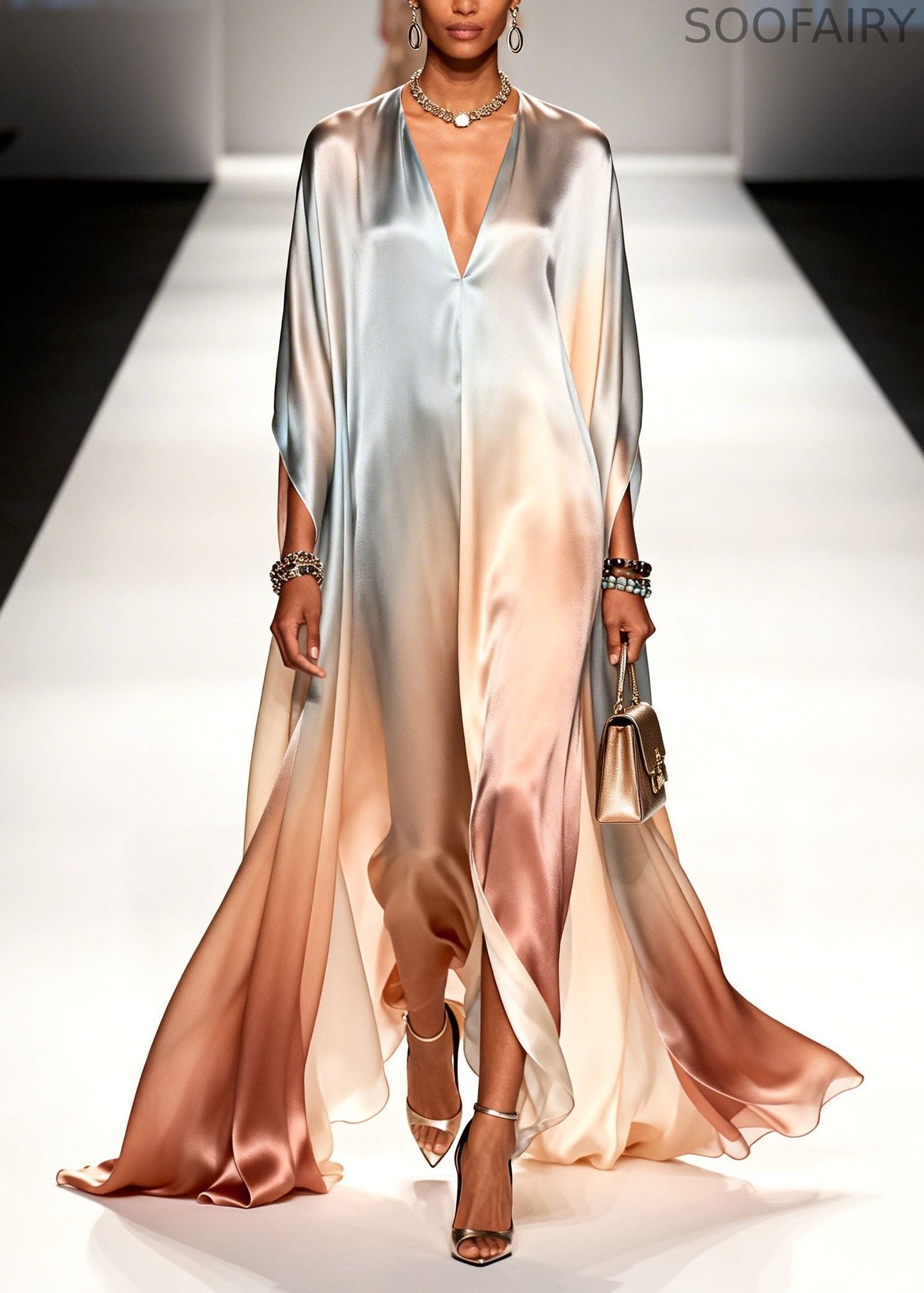 Gradient Color V Neck Chiffon Ankle Dress Summer