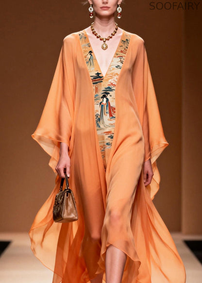 Orange V Neck Print Patchwork Chiffon Dress Spring