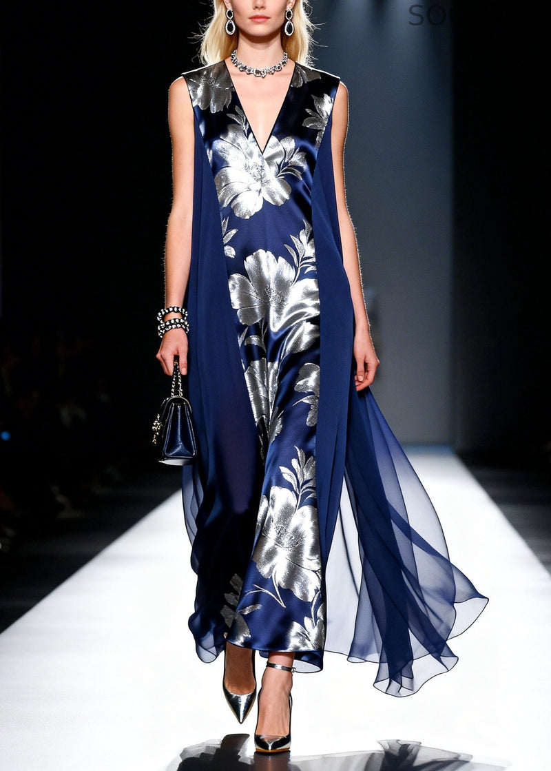 Style Navy Jacquard Patchwork Chiffon Holiday Dress Summer
