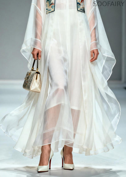 Simple White Stand Collar Patchwork Chiffon Two Piece Set Summer