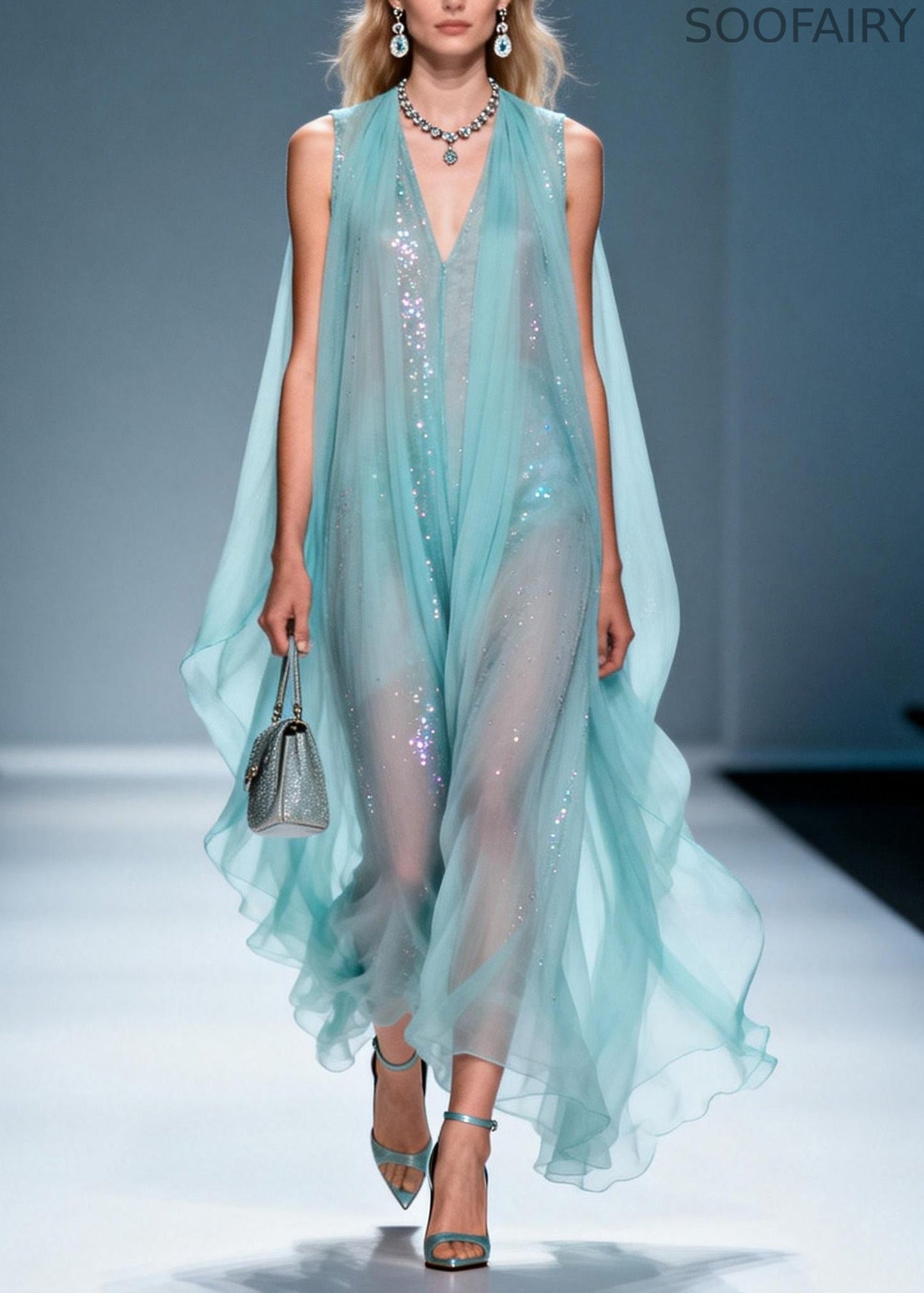 French V Neck Zircon Chiffon Robe Dresses Sleeveless
