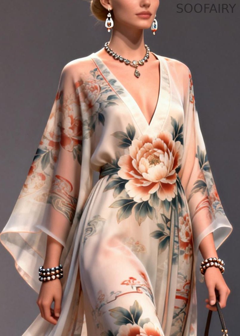 Apricot Print Chiffon Maxi Dresses Exra Large Hem Summer