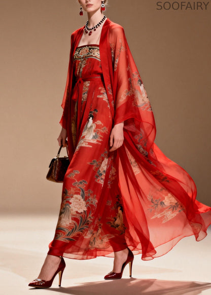 Red Print Draping Chiffon Oriental Dress Two Piece Suit Set Summer