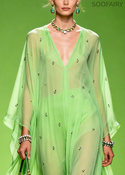 Grass Green Oversized Print Chiffon Robe Dresses Summer