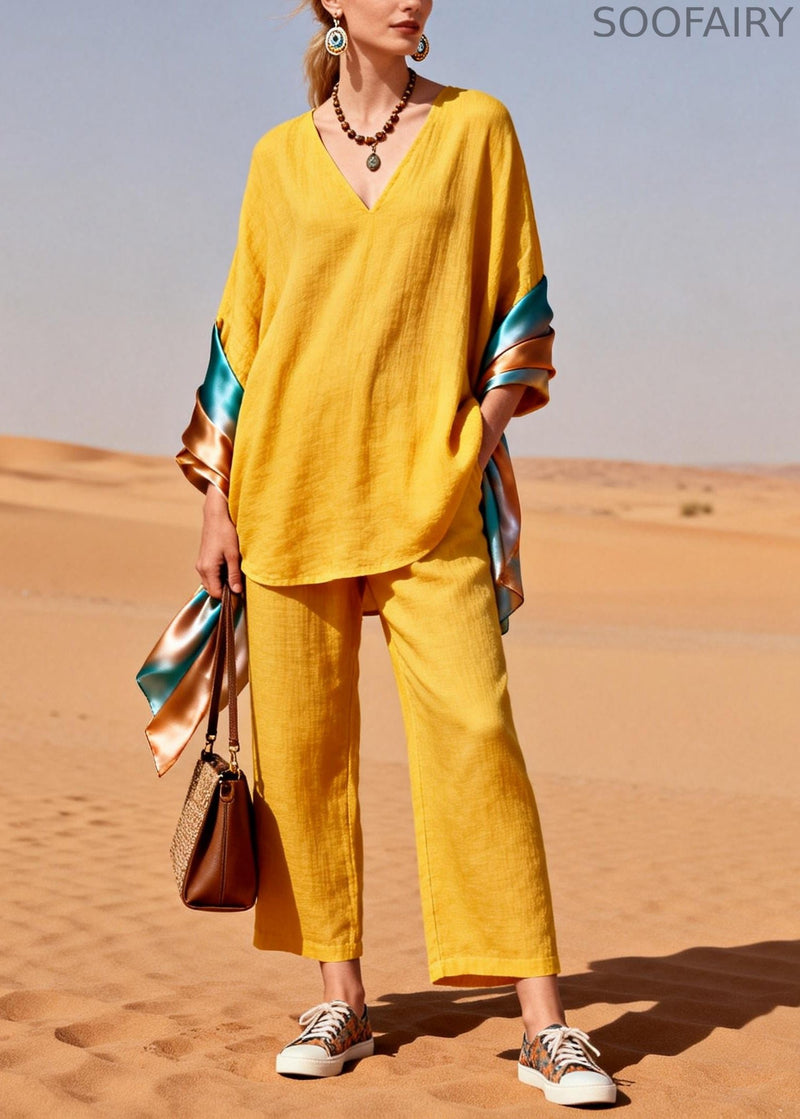 Yellow Oversized Patchwork Shawl Cotton Two Piece Set Clothing Spring