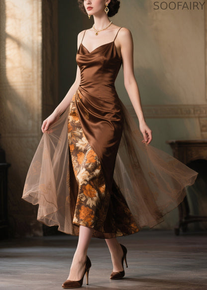 Boutique Chocolate Print Patchwork Tulle Cami Dress Summer