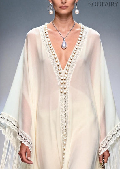 Stylish White Tasseled Handmade Pearls Chiffon Holiday Dress Summer