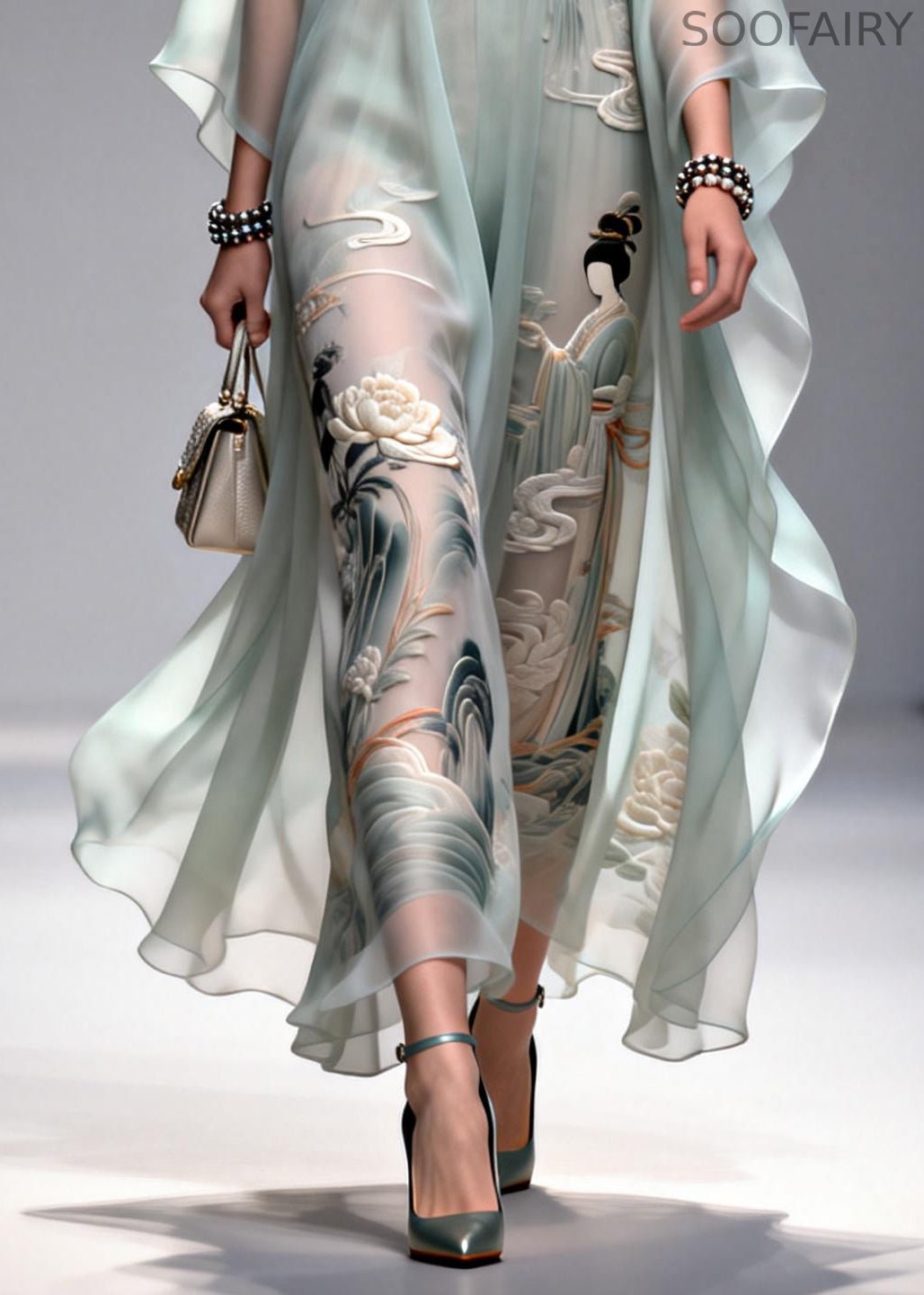 Diy Light Blue Oversized Print Chiffon Dress Summer
