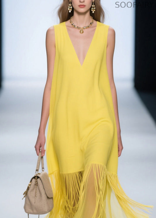 French Yellow V Neck Patchwork Cotton Dress Sleeveless
