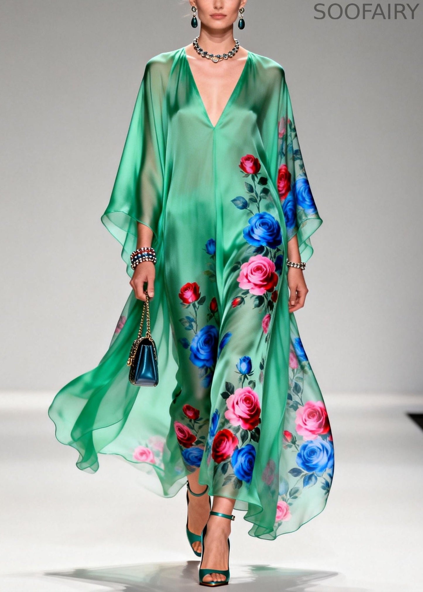 Art Tea Green Oversized Print Chiffon Long Dresses Summer