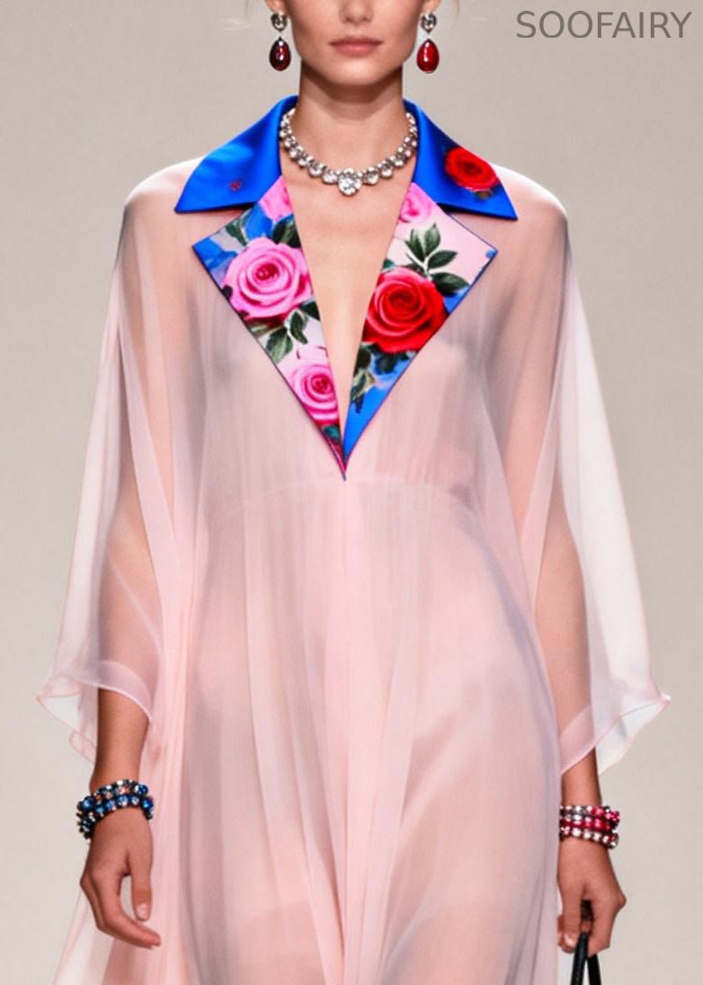 Fine Nude Notched Patchwork Chiffon Sheer Dresses Summer