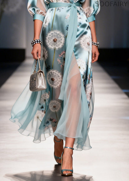 Fine Light Blue Tunic Dandelion Print Chiffon Long Dresses Summer