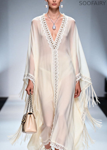V Neck Tassel Nail Bead Patchwork Chiffon Dress Summer