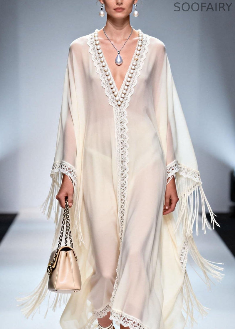 V Neck Tassel Nail Bead Patchwork Chiffon Dress Summer