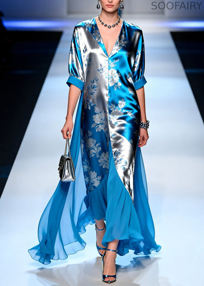 Modern Blue Jacquard Patchwork Draping Silk Maxi Dresses Summer