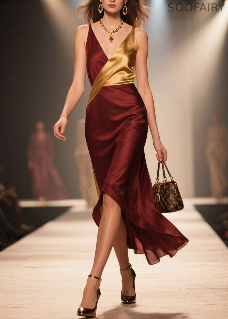 Boutique V Neck Patchwork Silk Spaghetti Strap Dress Summer