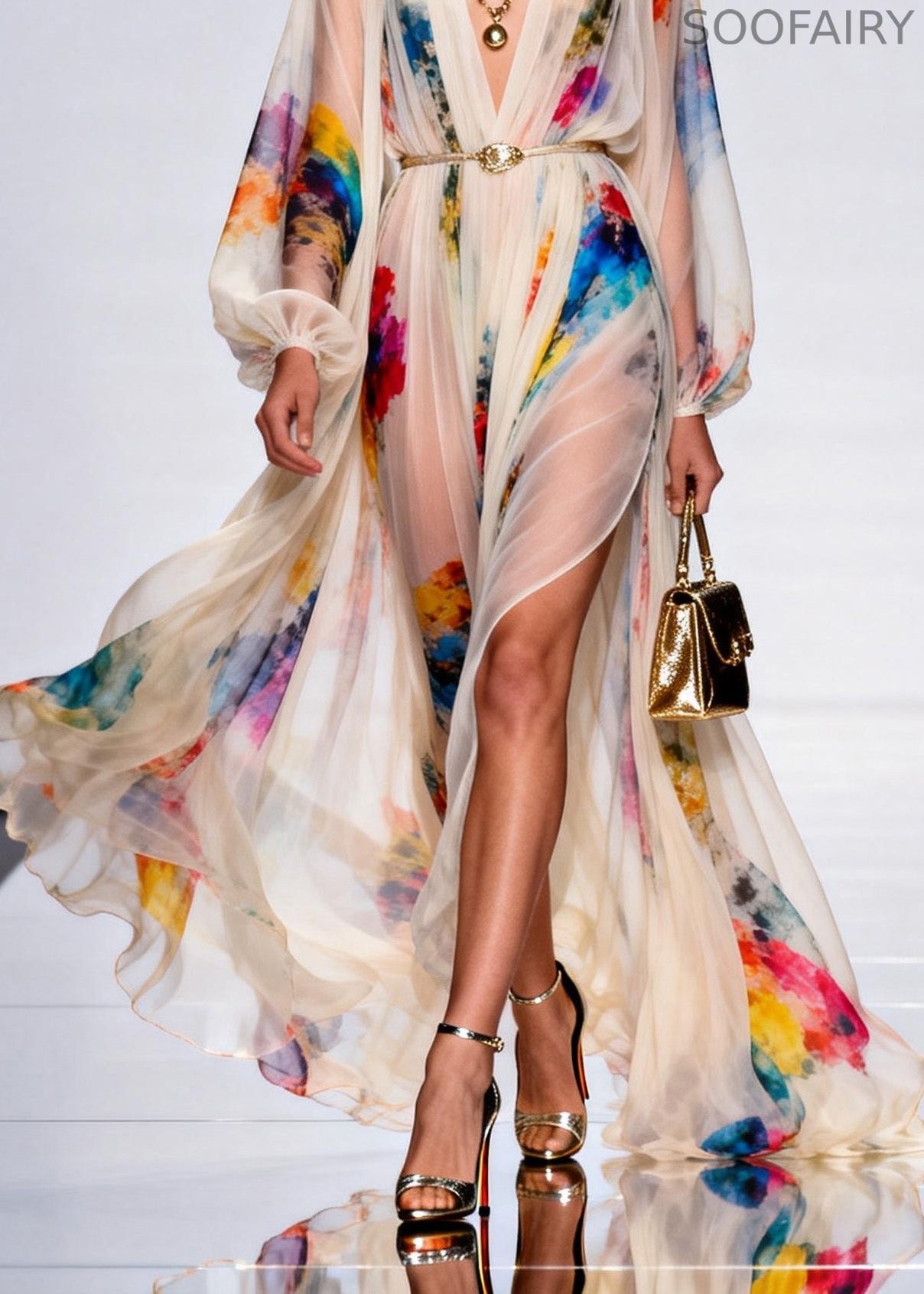 Style V Neck Print Side Open Chiffon Maxi Dress Spring