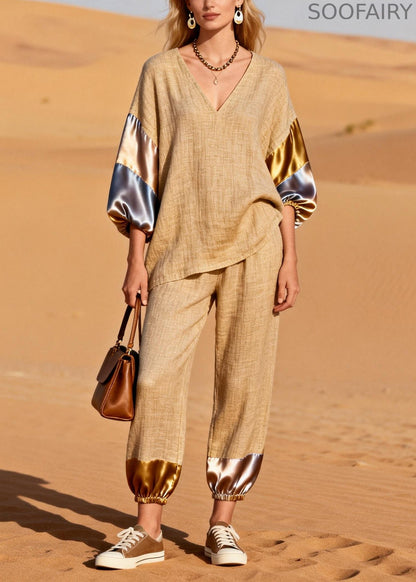Khaki Oversized Patchwork Linen Two Pieces Set Spring
